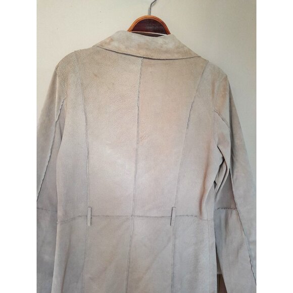 Womens Sz Large Genuine Suede Mid Length Western Trench Coat Pockets Light Tan - Picture 12 of 13